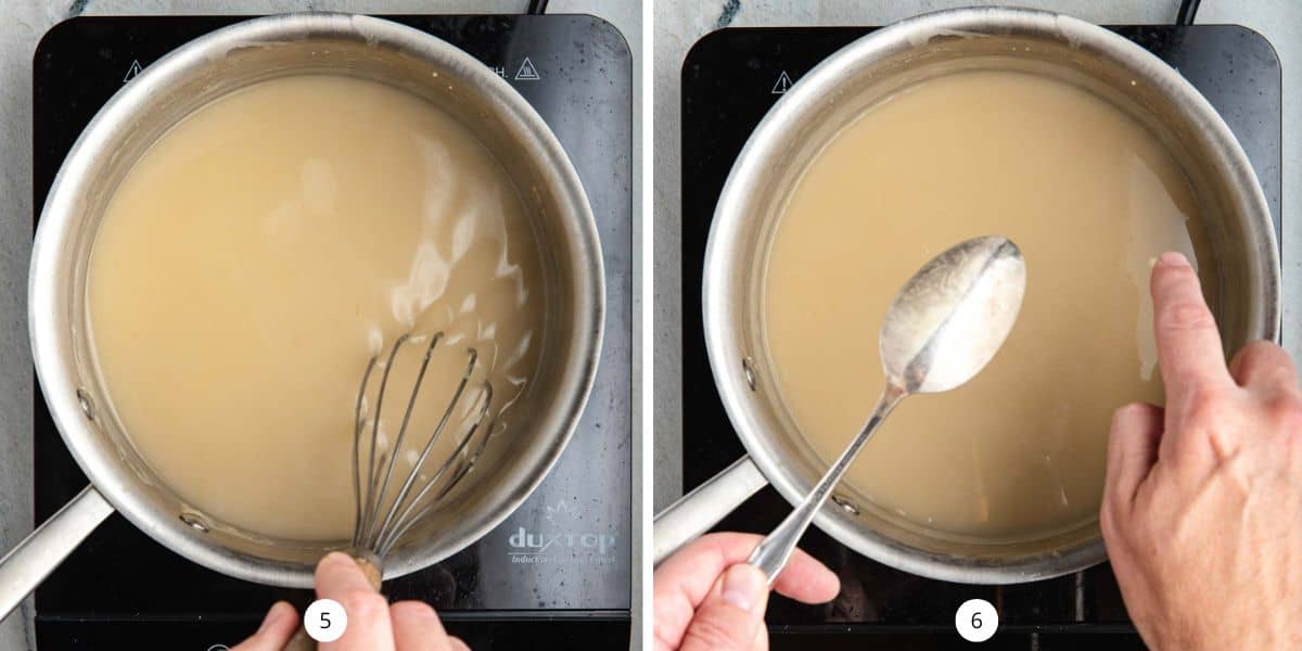 Whisking chicken stock into a blond roux and checking the back of a spoon for thickness.