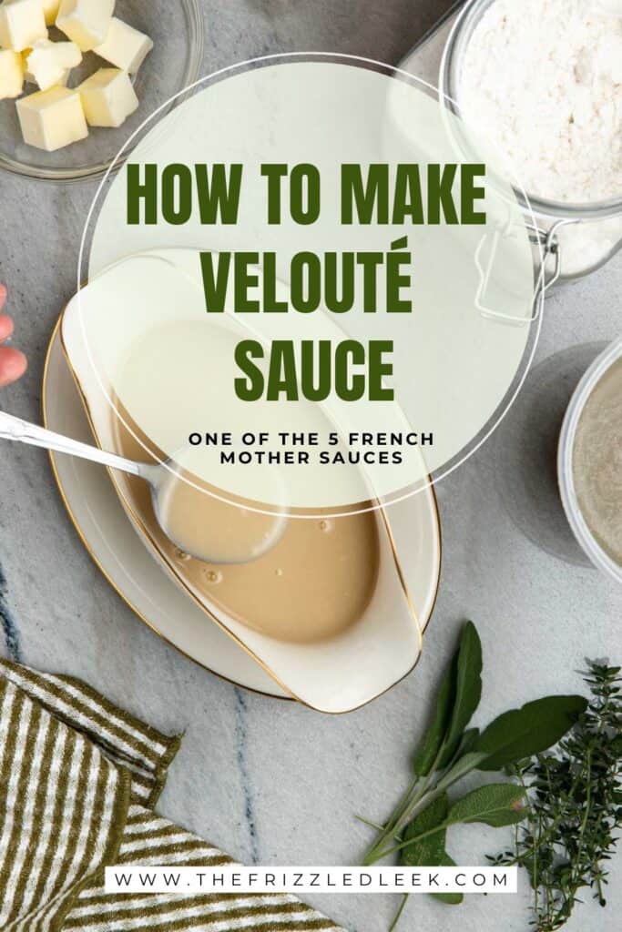 Chicken velouté sauce in served in a gravy boat with a spoon.