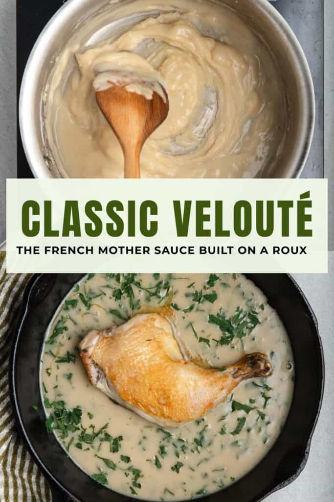 Crispy chicken leg in a cast iron pan with velouté sauce.