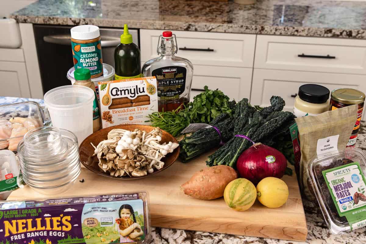 Ingredients on a kitchen counter before being cut.