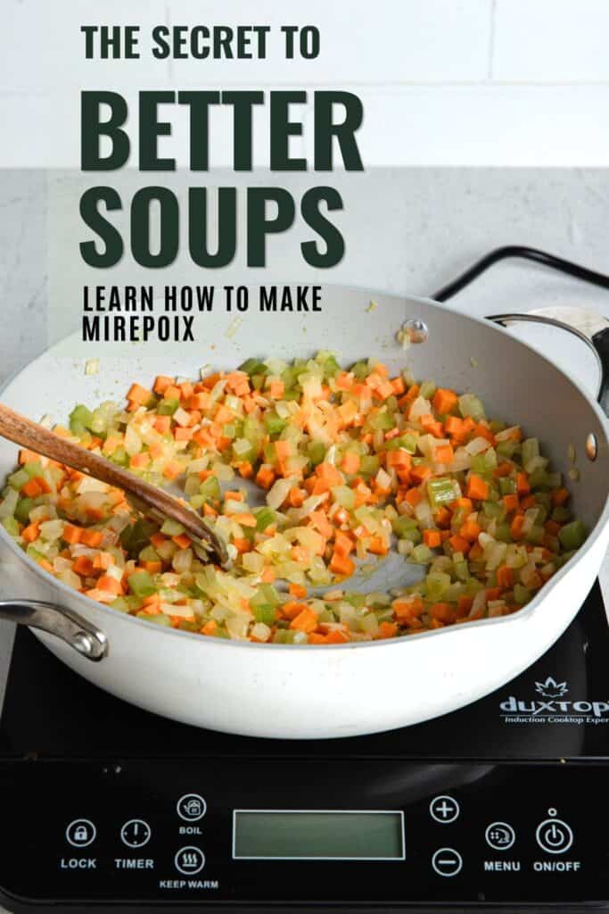 Slowly sweating mirepoix in a large pan with a wooden spoon.