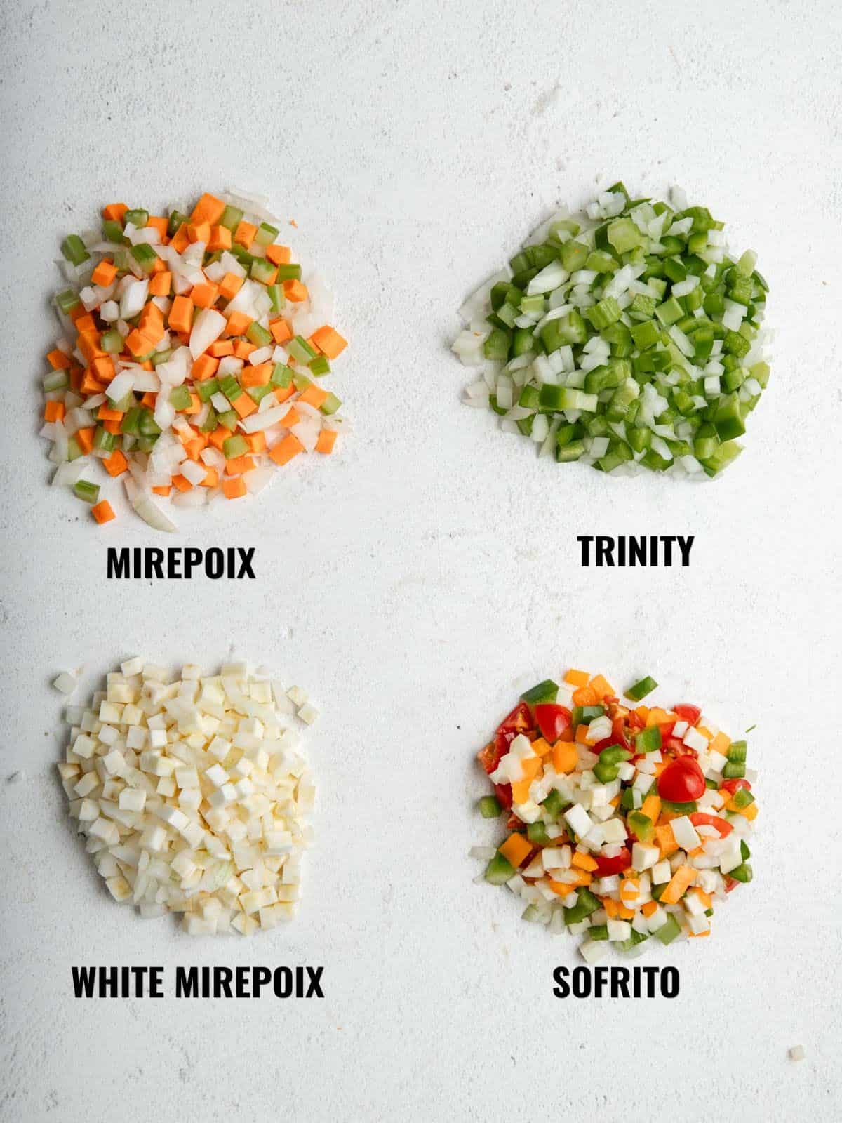 Small piles of mirepoix, Trinity, White mirepoix, and Sofrito.