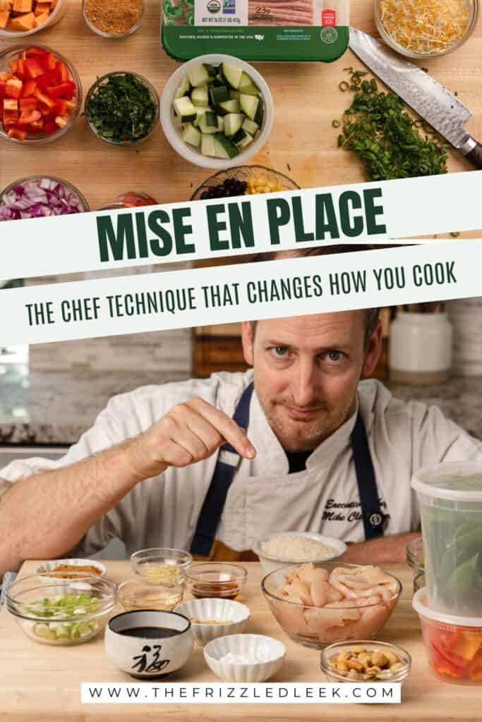 A chef pointing at his prepped ingredients in small bowls.
