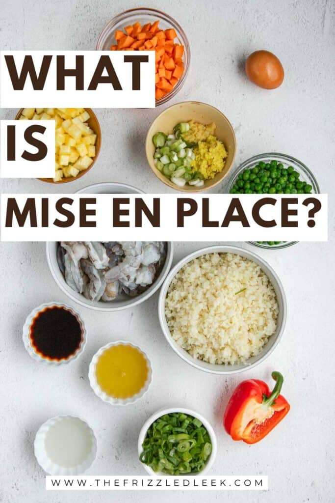 Mise en place ingredients in individual bowls.