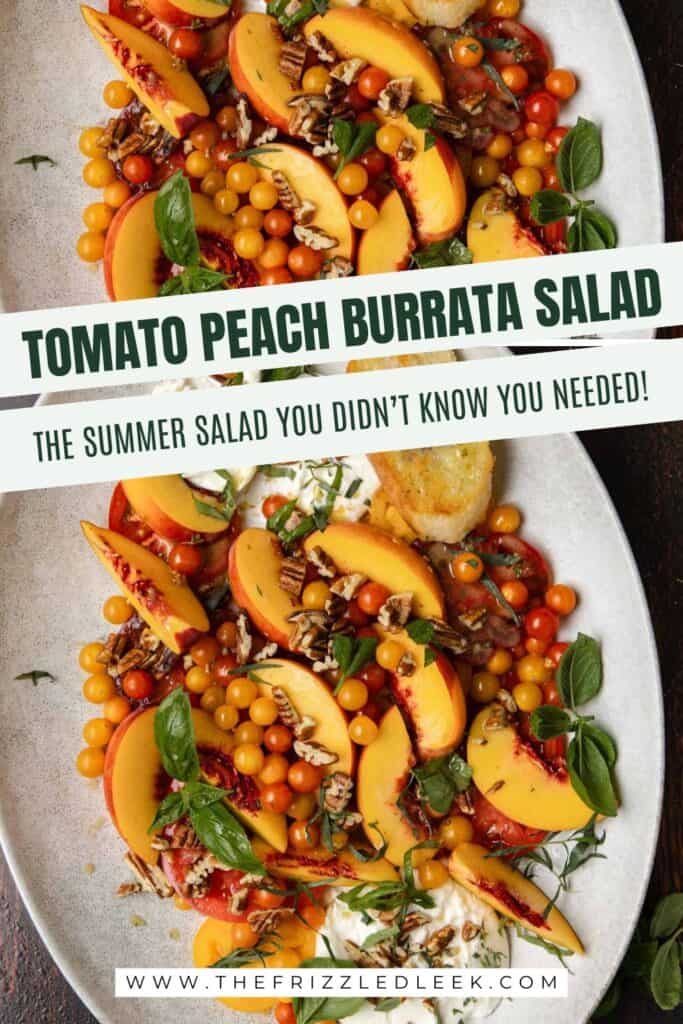Tomato, peach, burrata salad on an oval serving platter with fresh basil.