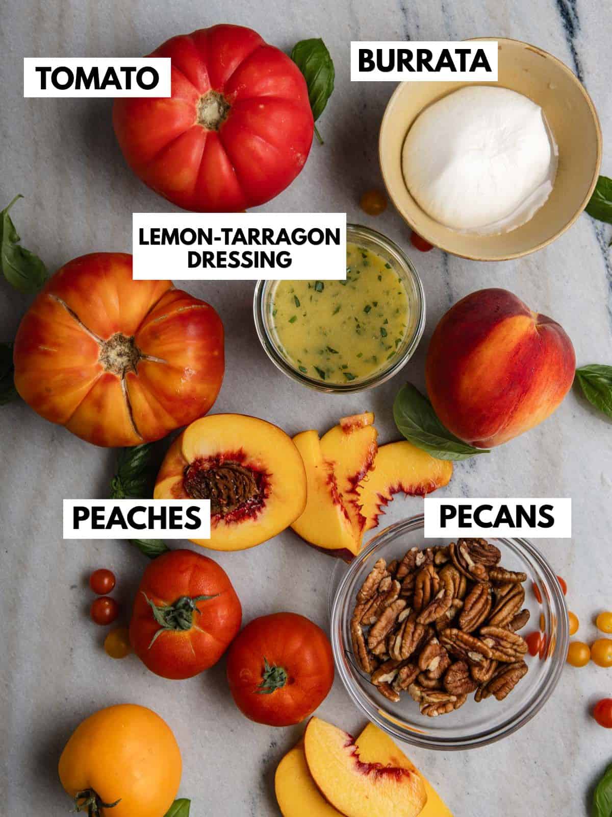 Tomatoes, burrata cheese, peaches, pecans, and lemon-tarragon dressing.