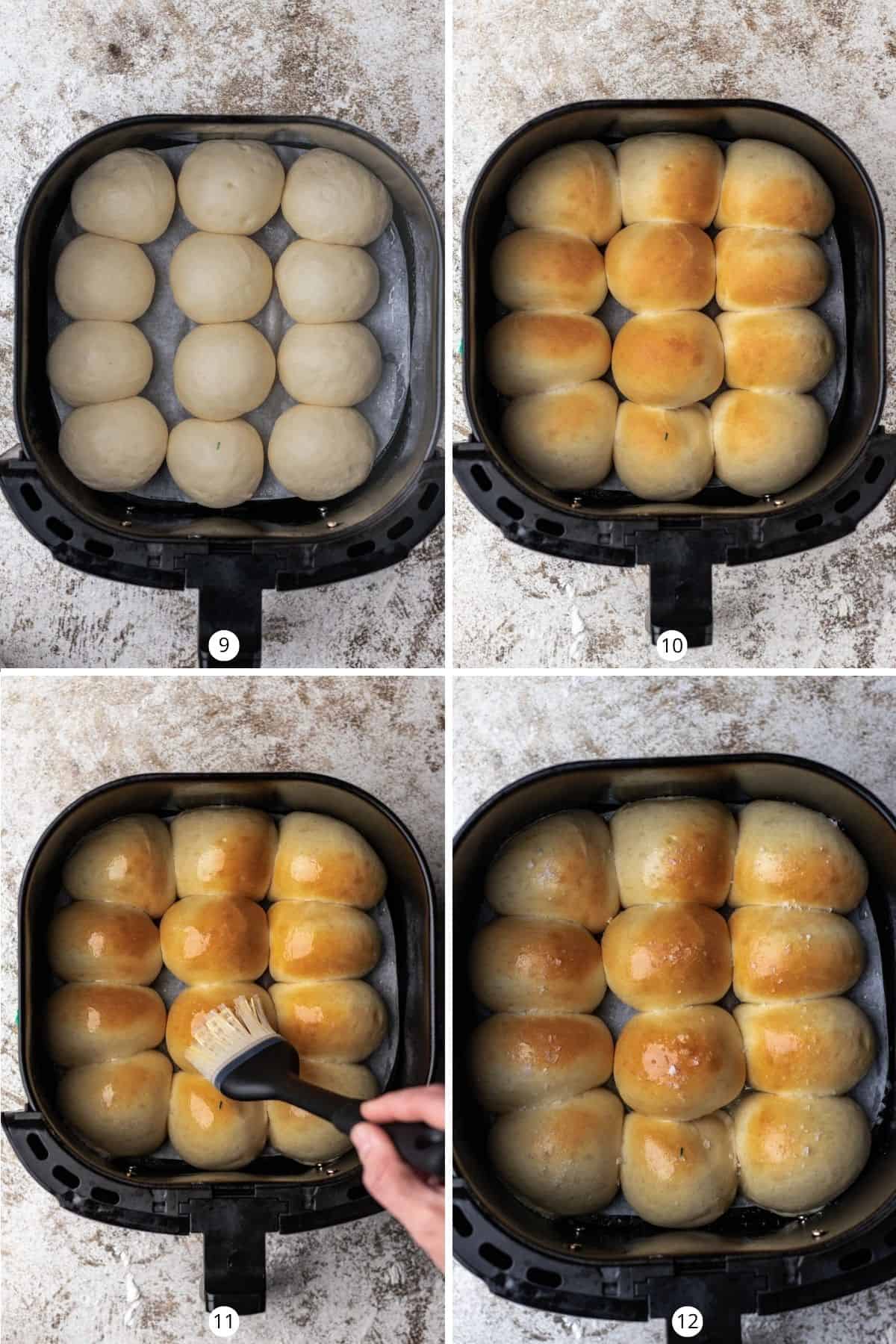 Baking bread rolls in an air fryer until golden brown, then brushing them with melted butter.