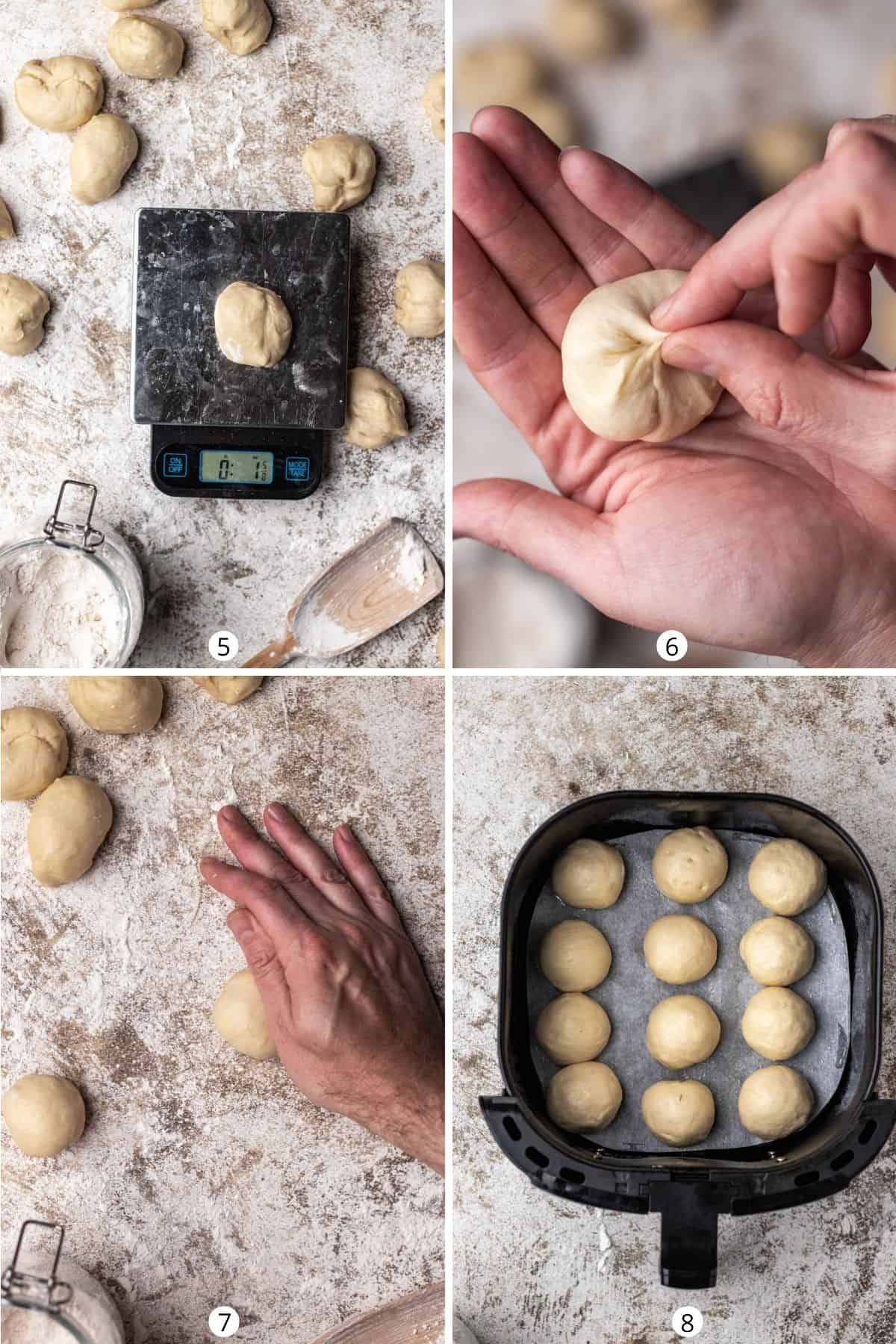 Portioning out bread rolls and weighing them on a digital scale, then rolling into rolls.